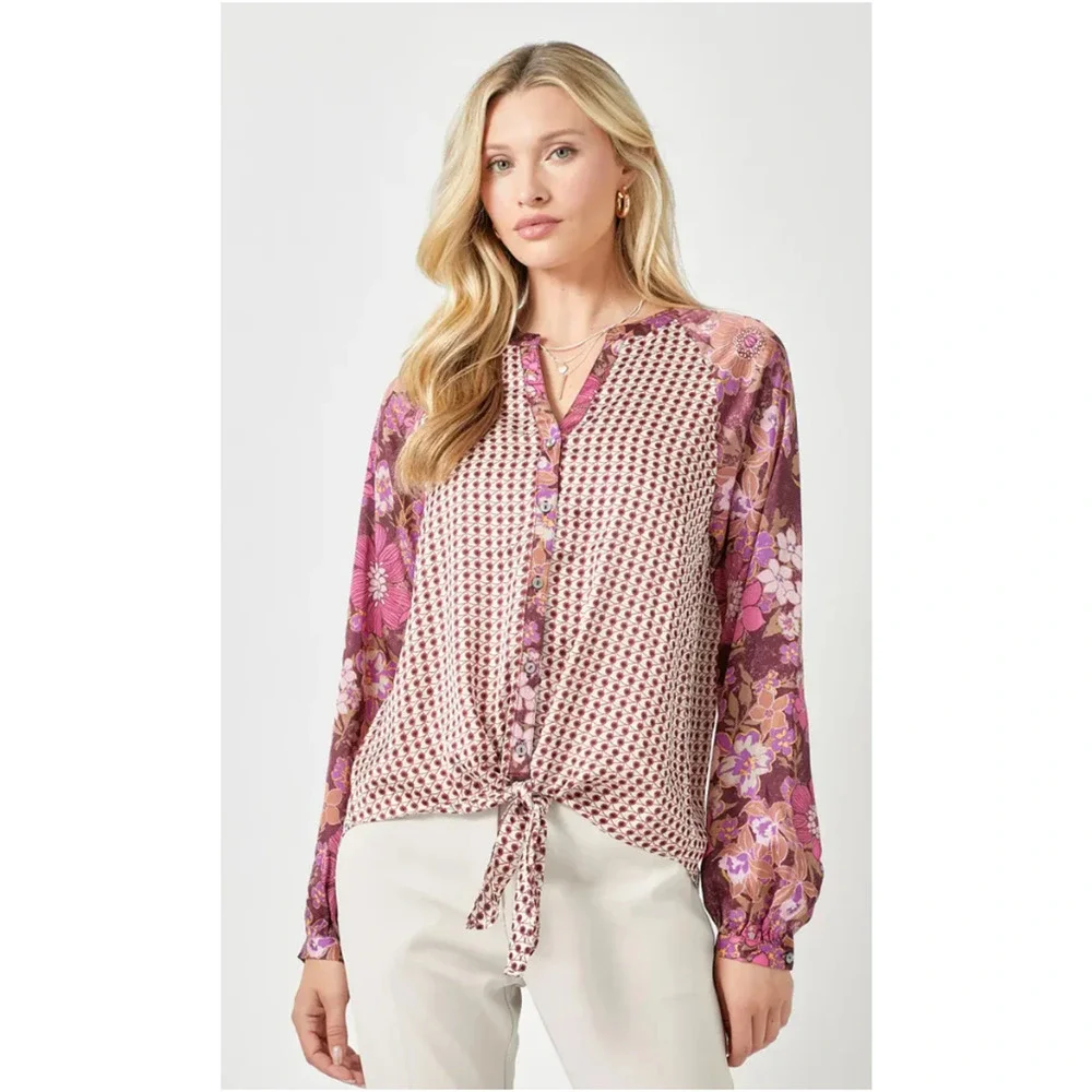 Mystree Button Up Shirt Womens S Merlot Burgundy Tie Front Mixed Floral Boho - Picture 3 of 13